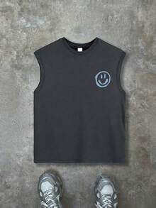 男童无袖印花背心，“美好未来”积极标语，涂鸦笑脸图案，休闲宽松版型，适合返校、滑板、日常休闲和夏季穿着。 - 深灰色 - 查看 2
