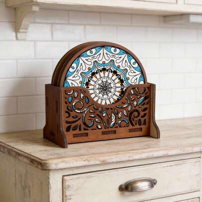 [Coaster Set + Storage Box] Includes 6 Coasters + Storage Box, Made Of Thick Wooden Material With Heat Resistance And Wear Resistance, Hollow Frame Design Is Exquisite And Elegant. The Coaster Patterns Are Bright In Color, The Storage Rack Can Neatly Store The Entire Set Of Coasters, Suitable For Kitchen, Dining Room And Other Scenarios, It Is Both A Practical Item To Protect The Tabletop And An Artistic Decor Item To Enhance The Dining Ambiance, Letting Coaster Storage Say Goodbye To Mess And Adding An Artistic Atmosphere To Daily Meals.