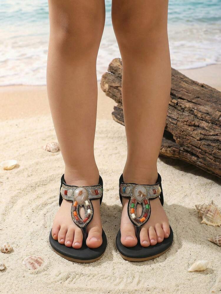 1 Pair Kids Summer Flat Sandals, Elastic Band Slip-On, Crystal Embellished Strap, Colorful Beaded Decor, Fashion New Style Thong Sandals, Suitable For Beach & Vacation, Bead Colors Randomly Arranged - Black - View 8