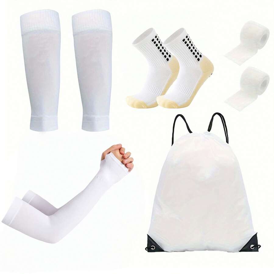 Bộ 5 món: Ống giữ ấm chân bóng đá đến giữa bắp chân + Ống tay chống tia UV + Ống bảo vệ chân + Dây đeo thể thao + Ba lô dây rút, Ống giữ ấm chân chuyên nghiệp chống trượt, có keo dính, thích hợp cho bóng đá, chạy bộ và các hoạt động ngoài trời. - Nhiều màu - Xem 1