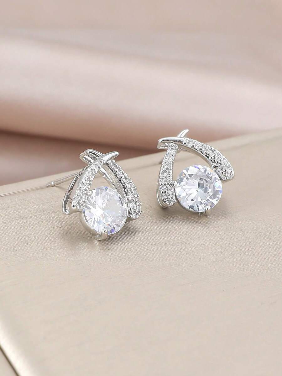 1 Pair Minimalist Elegant Design Luxury Petite Round Sparkling Cubic Zirconia Stud Earrings, Suitable For Women & Girls Daily Wear, Wedding, Birthday Gift - Multicolor - View 1