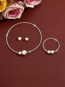 Shiny Gold Faux Pearl Jewelry Set, Elegant Crystal Necklace, Bracelet And Stackable Rings, Suitable For Date Night, Anniversary, Birthday Gift - 1318 Gold - View 7