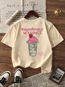 1pc Girls Strawberry Matcha Drink & Letter Print Round Neck Short Sleeve T-Shirt, Casual Sweet Dopamine Style, Comfortable Breathable Children Top, Suitable For Vacation/Daily Wear - Apricot - View 3