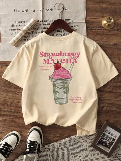 1pc Girls Strawberry Matcha Drink & Letter Print Round Neck Short Sleeve T-Shirt, Casual Sweet Dopamine Style, Comfortable Breathable Children Top, Suitable For Vacation/Daily Wear