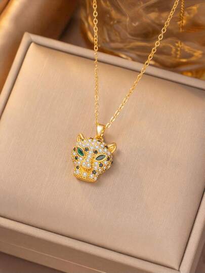 1pc Gold-Color Green-Eyed Leopard Head Pendant Necklace, Luxurious Domineering Exquisite Style Fashionable Jewelry For Women, Suitable For Party, Gathering And Daily Wear (OPP Bag Packaging)