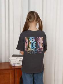 Tween Girl "When God Created Me, He Smiled And Said This Will Be Fun" Funny Slogan Printed T-Shirt, Soft And Comfortable Fabric, Girls Outdoor Sports, Casual, Streetwear, School Outfit, Fashionable Tween Girls Spring/Summer Versatile Top - Dark Grey - View 2
