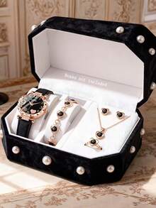 6件套优雅时尚可爱精准圆形石英表，搭配PU皮表带，以及心形水晶项链、手链、戒指和耳环首饰套装，适合女孩日常佩戴，生日/节日礼物，完美适用于返校、度假、旅行、派对装饰、情人节、新年等场合，是送给女孩的优雅配饰。 - 彩色 - 查看 12