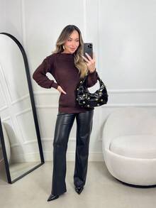 Women's Knit Blouse With Inverted Braid, Long Puff Sleeves, Ribbed Cuffs, Fashion Knitwear For Winter - Rust Brown - View 4