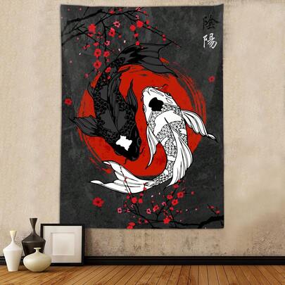 1pc Japanese Style Yin Yang Koi Pattern Tapestry, Cool Red And Black Color Scheme Anime Cherry Blossom Art Brocade, Vertical Wall Hanging Decoration, Suitable For Men's Bedrooms, Living Rooms And Office Decoration
