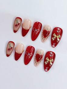 10pcs Pure Handmade Press On Nails Long Nails Almond Nails Red Nails Cute Sweet Cool Style Red French Hand-Painted Cherry Bow Heart Gold Bow And Small Steel Bead Embellished Vibrant Bold Romantic Press-On Nails For Women And Girl,Spring Summer Fall Winter Festivals Party And Daily Life Use Handmade Press On Nails - Red - View 2