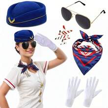 5pcs Stewardess Costume Accessories Set, Suitable For Pairing With Stewardess Uniform, Can Be Used For Christmas And Other Occasions, Including Stewardess Hat, Gloves, Scarf And Brooch. Also Suitable For Halloween Parties, Balls, Music Festivals And New Year Costumes. - Multicolor - View 15