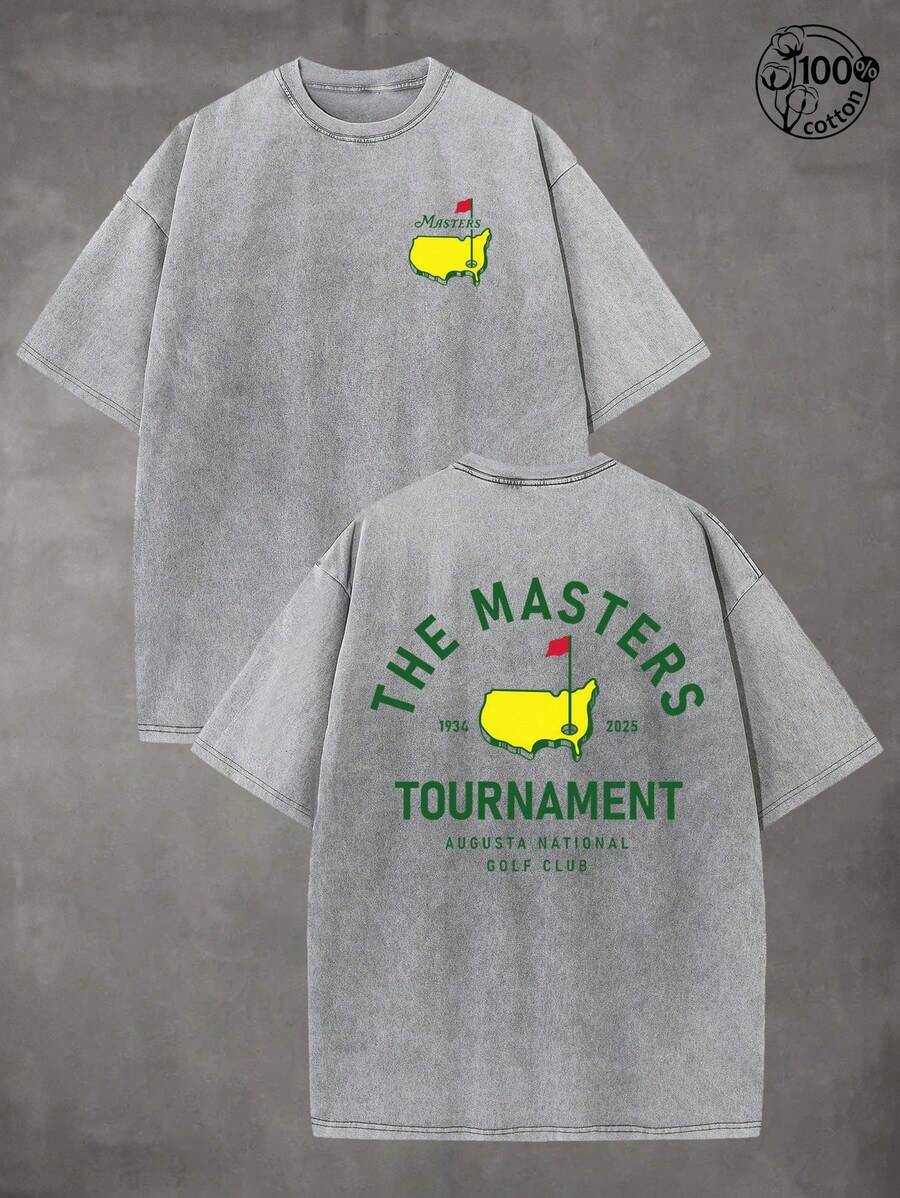Retro Vintage Golf Masters Graphic T Shirts, (230g 100 Percent Cotton T-Shirt), Fashionable Vintage Washed Men's Cotton T-Shirt, A Perfect Surprise Gift For Family And Friends, Dropped Shoulder Design, Round Neck, Male And Female T-Shirt, Men's Summer T-Shirt, Holiday Gift, Ideal Present. - Xám - Xem 1