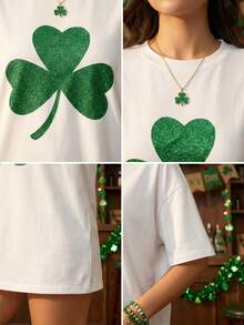 圣帕特里克节闪光印花女式宽松长款圆领短袖T恤，三叶草图案印花，适合圣帕特里克节、爱尔兰节日、圣帕迪节、3月17日、爱尔兰主题服装、三叶草主题、爱尔兰、三叶草、幸运符号、爱尔兰主题装饰、休闲风格、外套上衣、女式春季服装、长袖上衣、高卢风格礼物、女式春季上衣、运动上衣、女式运动服装、短袖上衣 - 白色 - 查看 9