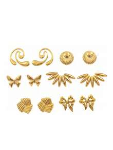 Juego de pendientes vintage dorados de acero inoxidable, joyería con lazo, corazón y diseño geométrico, pendientes de botón hipoalergénicos de declaración para mujer, regalo - (4-8 pares) - Dorado - Ver 14