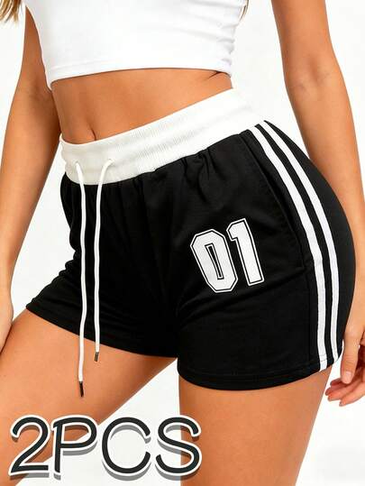 女士黑白撞色热裤，侧边条纹，字母印花，抽绳松紧腰带，适合外出、运动和健身