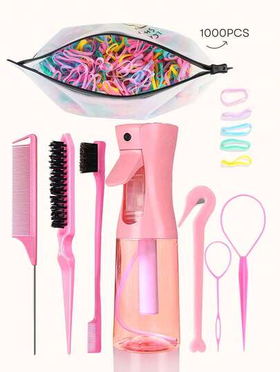 Un set de accesorios para el cabello con forma de botella de spray, adecuado como regalo para niñas durante la temporada escolar o el Día de San Valentín. Un set de maquillaje, peinado y cuidado del cabello para niños y niñas. Un set de rizadores de cabello, peines, botellas de spray, cepillos alisadores, cepillos de peinado, peines para coleta y herramientas para trenzar el cabello. Cosméticos. Set de verano con estilo Y2K.