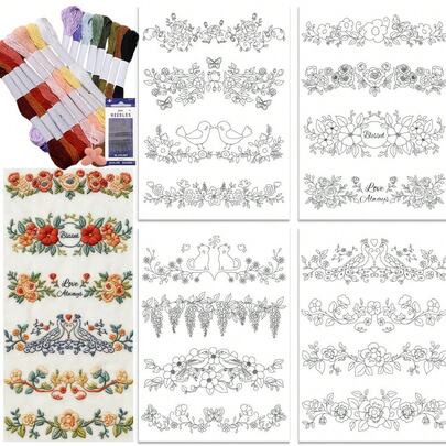 Floral Bird Cat Pattern DIY Embroidery Kit With Thread & Needle Pre-Printed Self-Adhesive Water-Soluble Non-Woven Stabilizer Stickers