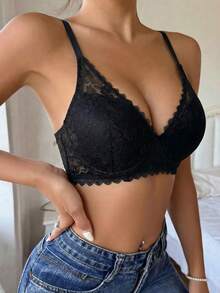 女士性感蕾丝加垫聚拢文胸 - 黑色 - 查看 1