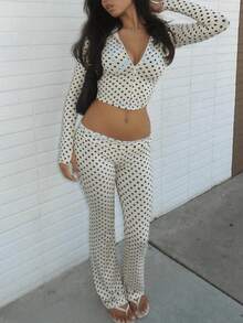 Women's Casual Street Style Outfit, Printed "Girl" Graphic Zip-Up Hoodie And Pants Set, Long Sleeve Sports 2-Piece Suit, Suitable For Party And Gathering Wear, Autumn - 白色波點 - 查看 2