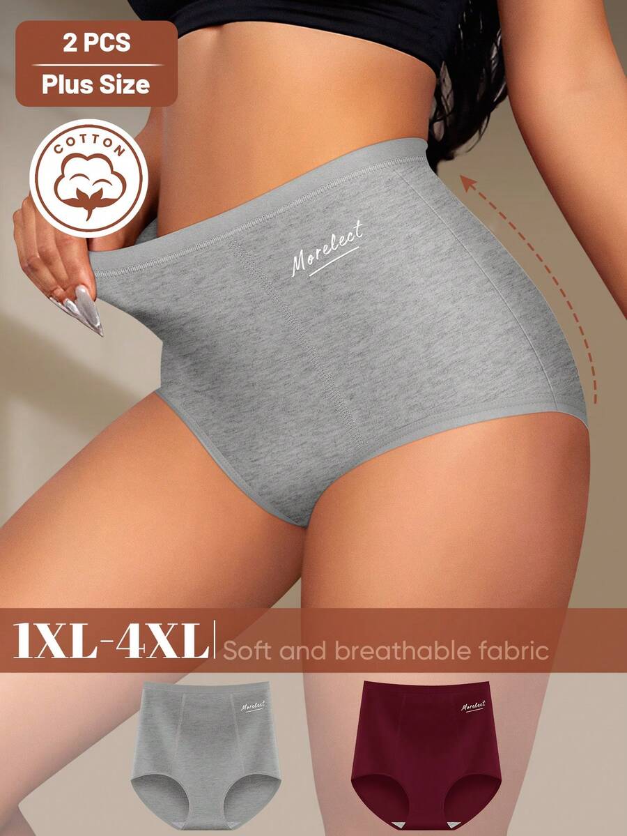 MEIYATING 2pcs Plus Size Women High Waist Tummy Control Cotton Panties With English Print, Comfortable Daily Wear