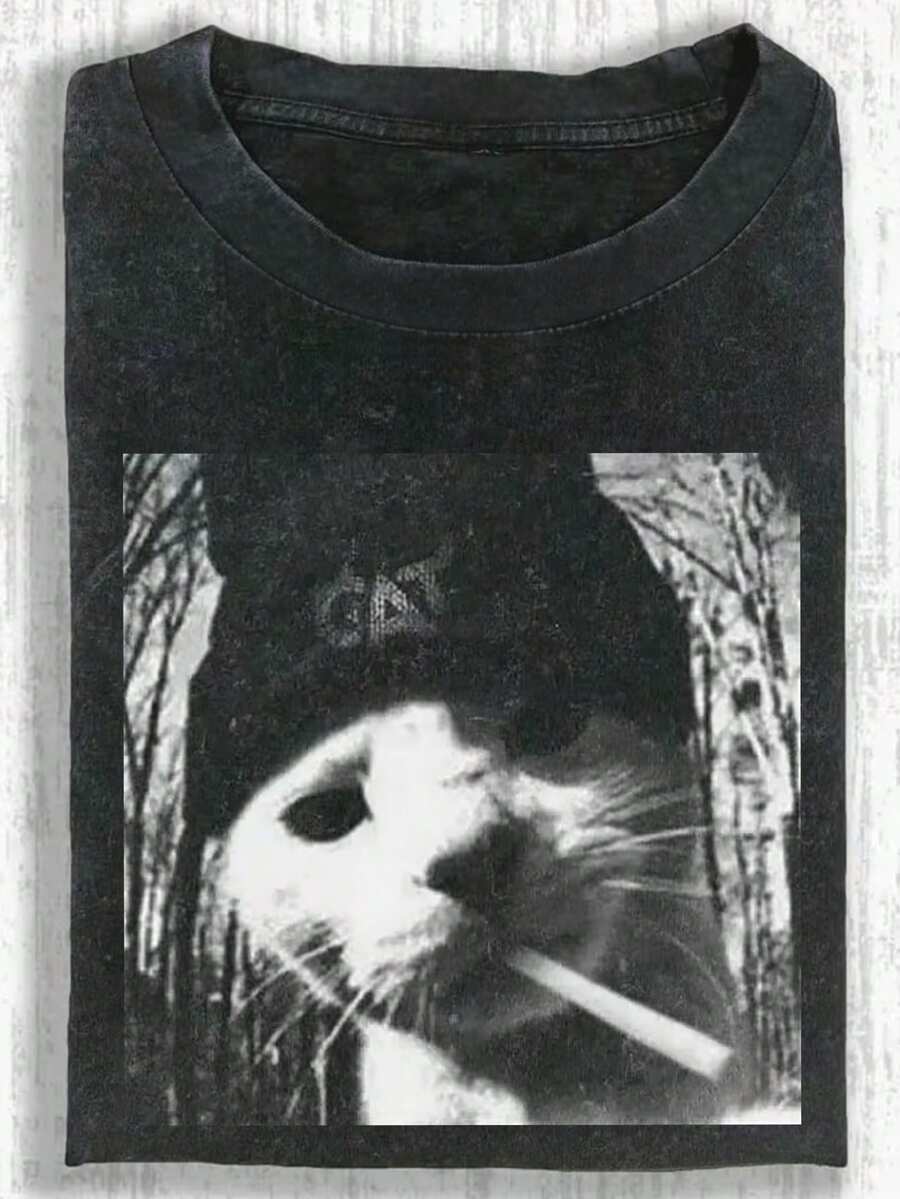 复古猫咪抽象印花做旧T恤，小众设计上衣，女士T恤，水洗棉T恤，日常穿着，雪花图案面料，舒适圆领休闲上衣，复古做旧T恤，女装，春夏黑色 - 黑色 - 查看 1