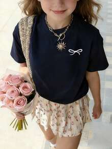 Tween Girls' Casual Pink Graphic Print Crew Neck Short Sleeve T-Shirt, Summer Top - Navy Blue - View 3