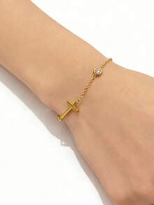 1 pieza Pulsera clásica de acero inoxidable con decoración de vidrio y cruz, adecuada para uso diario tanto para mujeres como para hombres - Amarillo Oro - Ver 6