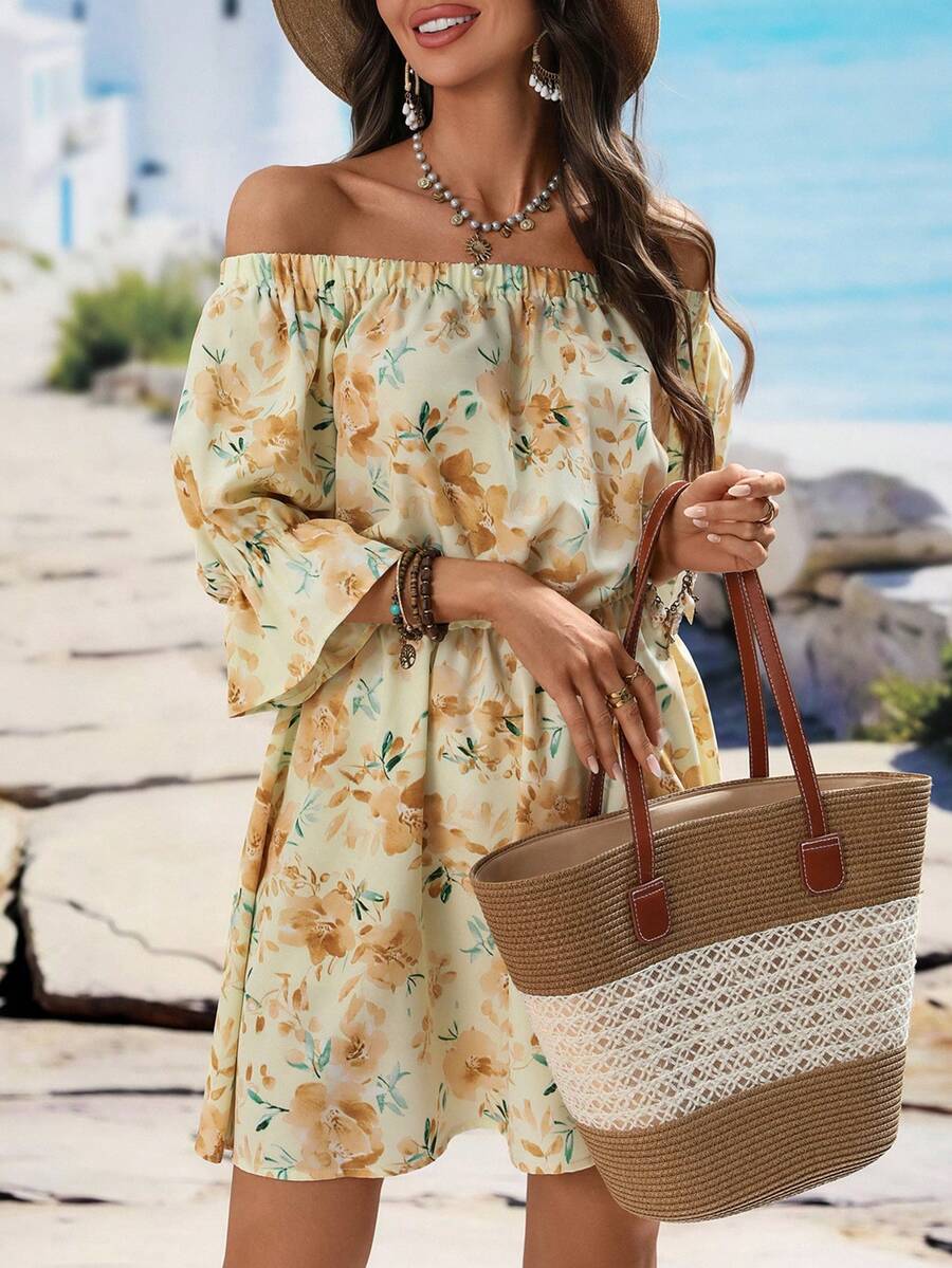 Women's Floral Print Off-Shoulder Loose Vacation A-Line Mini Dress - Yellow - View 1