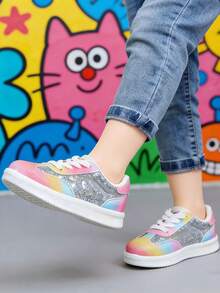 1 Pair 2026 New Rainbow Rhinestone Kids' Sneakers: Girls' Shiny Casual Shoes With Rhinestone Inlaid Rainbow Gradient Shoe Upper - Gold - View 2