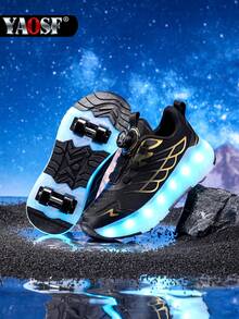 YAOSF Zapatos con ruedas para niños/adolescentes - Versión mejorada con mayor estabilidad, zapatos deportivos 2 en 1 desmontables, zapatos de patinaje sobre ruedas geniales para la calle, zapatos deportivos luminosos para exteriores, zapatos para padres e hijos, nuevos patines en línea, zapatos con luces para la noche, zapatos con ruedas recargables por USB, zapatos con ruedas y luces LED, zapatos deportivos con suela con luces LED para niños/niñas, estudiantes, zapatos con ruedas para deportes al aire libre - Negro - Ver 12