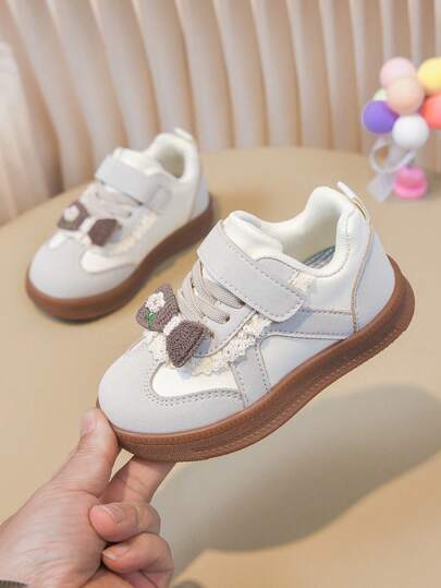 1 Pair Cute Bow & Floral Lace Girls' Sneakers, Soft Patchwork Lightweight Casual Shoes, Toddler Walking Shoes, All Season
