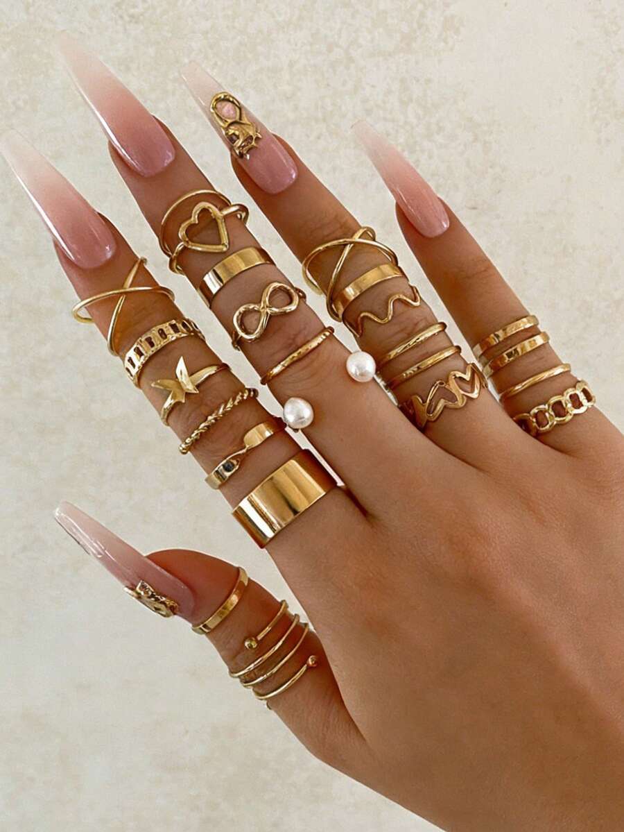 22件套女士金色叠戴戒指套装 - 蝴蝶爱心无限符号珍珠链波浪时尚指环，适合日常和派对佩戴 - 愛心珍珠22件 - 查看 1