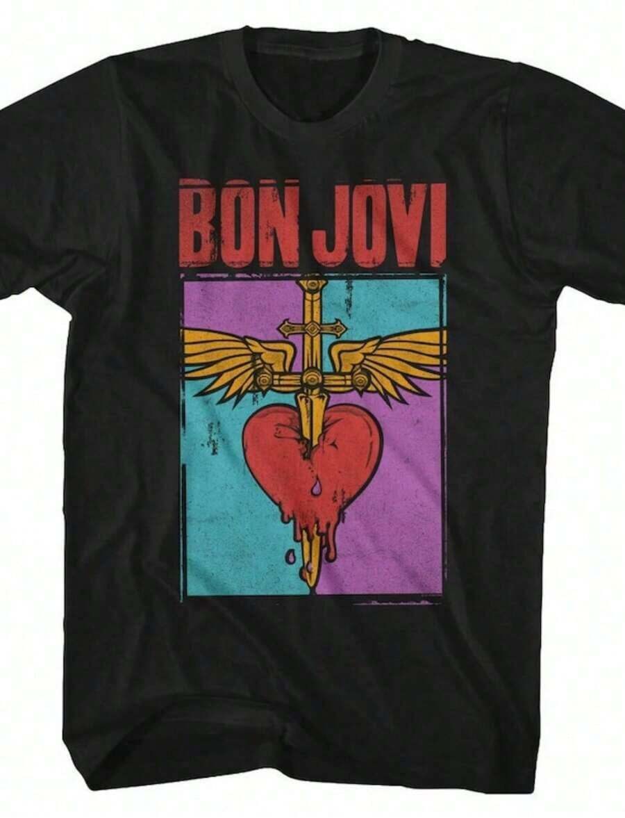 Bon Jovi Est 1983 Black T-Shirt-Unisex Relaxed-Fit Cotton Blend New Arrival Casual Crew Neck Long-Sleeve T-Shirt - 黑4 - 查看 1