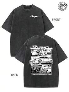 Supra Car Pattern Printing; Cool, Men's Fall Clothes,Retro Washed T-Shirt With Double-Sided Printed (230G Pure Cotton T-Shirt); Regular Fit, Comfortable And Stylish, Graphic Tee,Casual Wear With Design, Streetwear For Men, Unisex - 黑色 - 查看 1