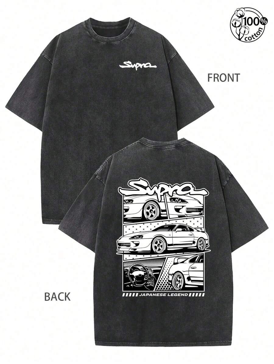 Supra Car Pattern Printing; Cool, Men's Fall Clothes,Retro Washed T-Shirt With Double-Sided Printed (230G Pure Cotton T-Shirt); Regular Fit, Comfortable And Stylish, Graphic Tee,Casual Wear With Design, Streetwear For Men, Unisex - 黑色 - 查看 1