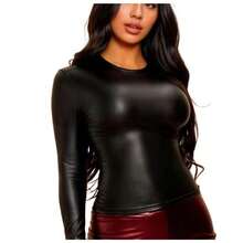 Blusa Manga Longa Cirrê Conforto Coladinha Feminina Moda Luxo Couro Fake  Balada Festa Casual 2025 - Preto - Visão 4