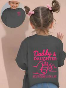 女童休闲印花圆领短袖T恤，夏季上衣 - 深灰色 - 查看 1