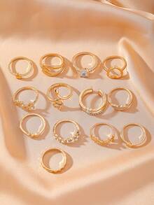 13Pcs Gold Boho Ring Set: Snake Heart Star Feather Rhinestone Stackable Rings For Women Daily Party Fashion Jewelry - Gold - View 3