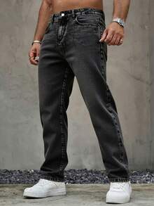 男士水洗褪色直筒牛仔裤，休闲街头风，适合所有季节 - 灰色 - 查看 2