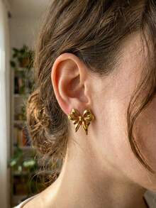 Juego de pendientes vintage dorados de acero inoxidable, joyería con lazo, corazón y diseño geométrico, pendientes de botón hipoalergénicos de declaración para mujer, regalo - (4-8 pares) - Dorado - Ver 4