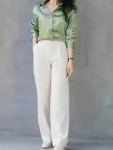女士休闲缎面衬衫，商务休闲纽扣领设计，优雅百搭，适合办公室和日常穿着，春夏款 - 綠色 - 查看 9