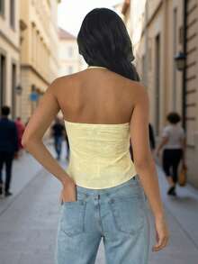 女士纯色系带褶皱性感露背休闲黄色吊带背心，针织抹胸夏季时尚，夏季服装，夏季度假装，女士夏季上衣 - 黃色 - 查看 2