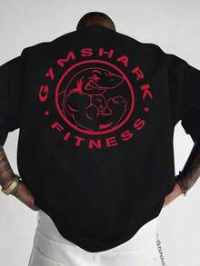 Men's Black Graphic Tee, Black Sleeve T-Shirt With Muscle Shark Print And  Fitness Text For Gym Training - 黑色 - 查看 12