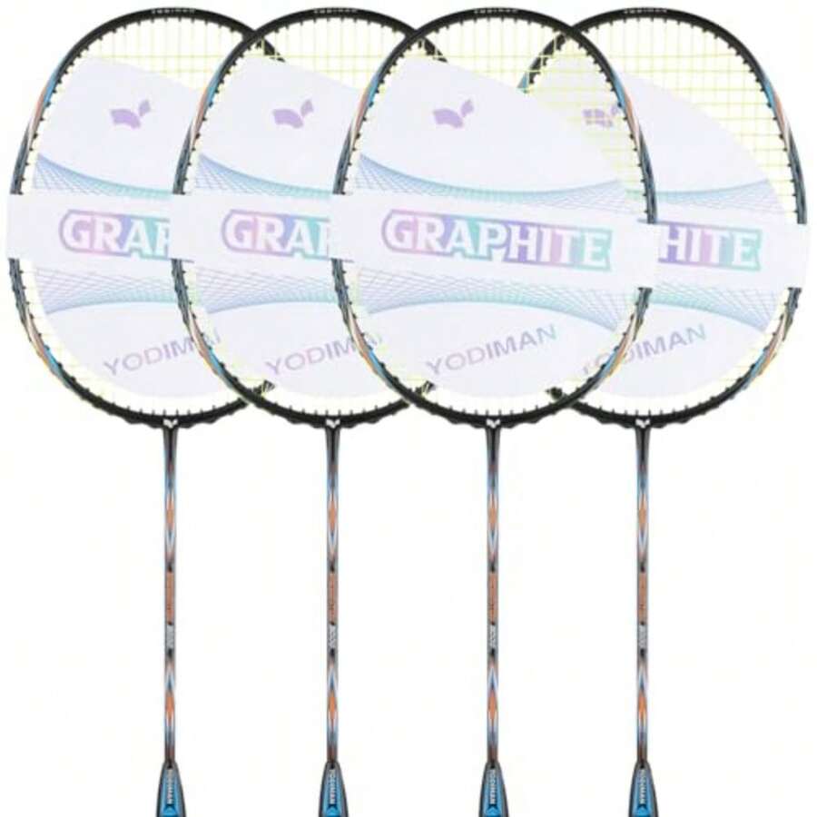 Graphite Badminton Racket Set - 4 Pre-Strung 6U Super Lightweight Racquets with Overgrips 2 Durable Bags and Tapes Graphite Frame and Shaft for Professional Outdoor and Gym Play - almendra - Ver 1