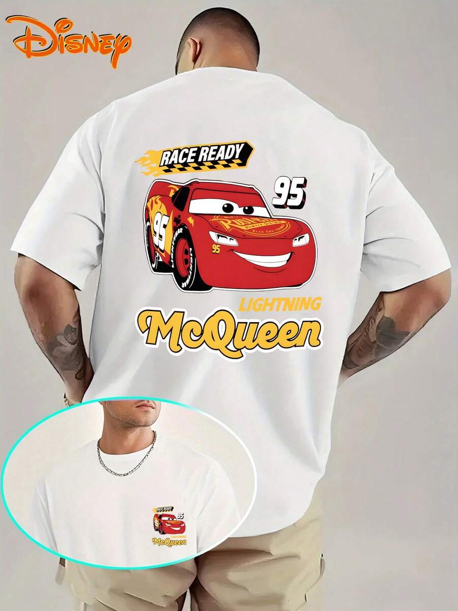 Disney Men's Casual T-Shirt, Featuring A Red Cartoon Car Pattern From "Cars", Full Of Dynamic Racing Atmosphere, Suitable For Disney Outings, Parent-Child Outfits, Street Gatherings And Other Scenes - White - View 1