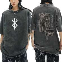 Anime  Guts Vintage Washed T Shirt Manga Gatsu Griffith Zodd T-Shirts Men Women Clothing Cotton Casual Oversized T-Shirt - 黑色 - 查看 2