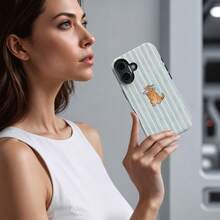 Blue & White Striped Phone Case With Funny Cat Catching Fish Eye Design, Suitable For IPhone 17, 16, 15, 14 Pro Max Plus, 13, 12, 11 - Multicolor - View 3