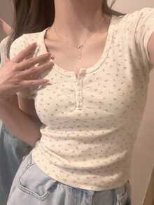 新款甜美杏花印花圆领修身短袖女式T恤，夏季 - 杏色 - 查看 2