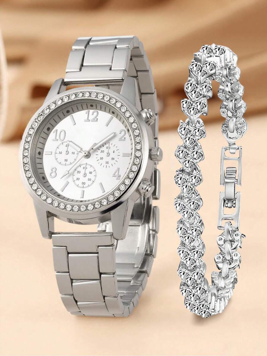 1 pieza Chicas con diseño de diamante de imitación plata de aleación con tira atractivo redondo Reloj cuarzo de esfera & 1 pieza Pulsera para regalo - Plateado - Ver 1