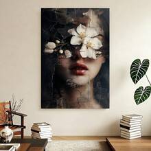 Cuadro 2D plano JIT1pc, arte en lienzo 2D plano, con una mujer rodeada de diseños florales en un estilo surrealista texturizado, viene enmarcado y listo para colgar, perfecto para decorar salas de estar, dormitorios, oficinas y hogares - Enmarcado - Ver 4